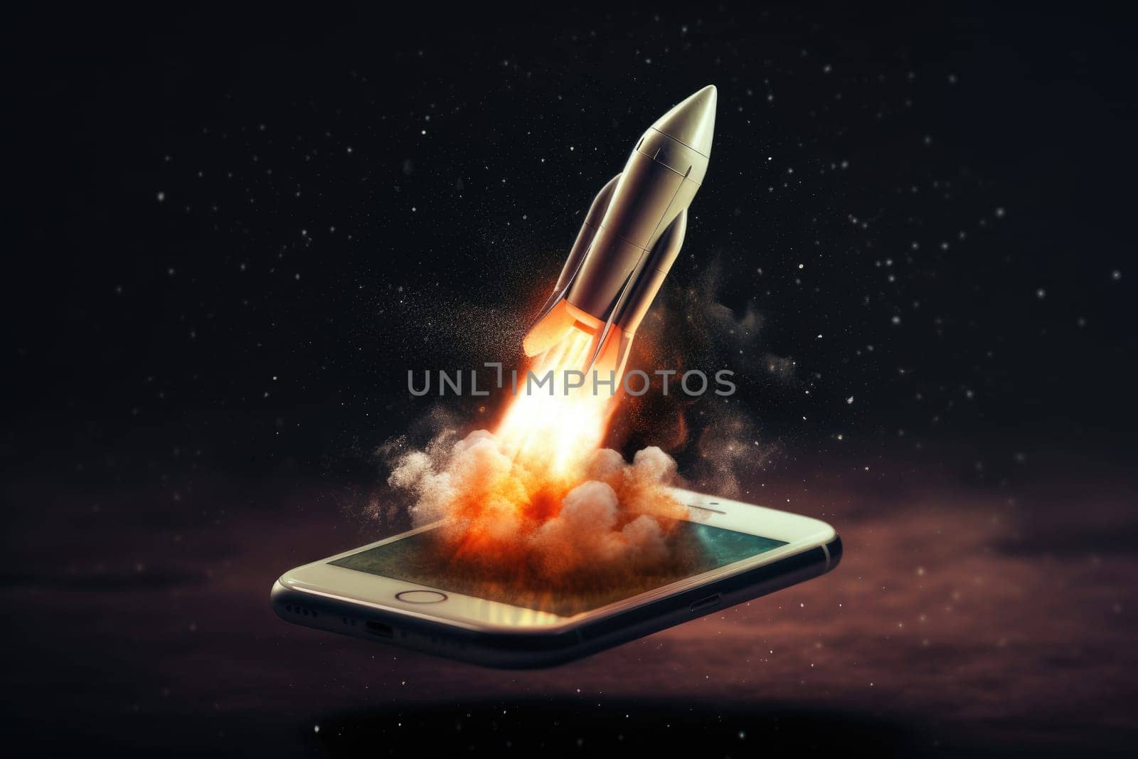 Rocket coming out of smartphone screen. beautiful Generative AI AIG32