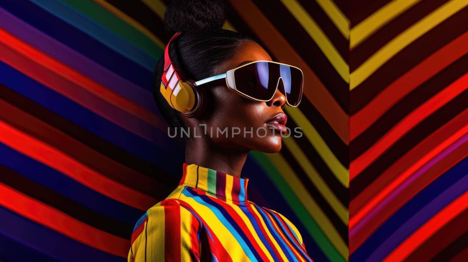 Young african female model posing with trendy fashion outfit and colorful optical art abstract background. Picturesque generative AI