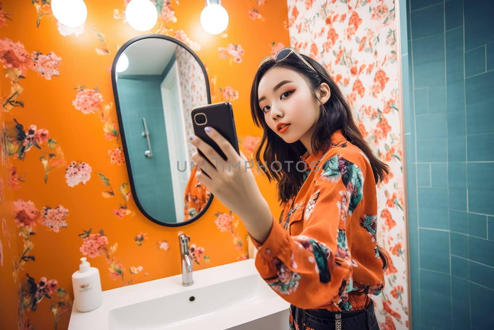 Female Asian teenager taking selfies in bathroom trendy. Generative AI AIG23.