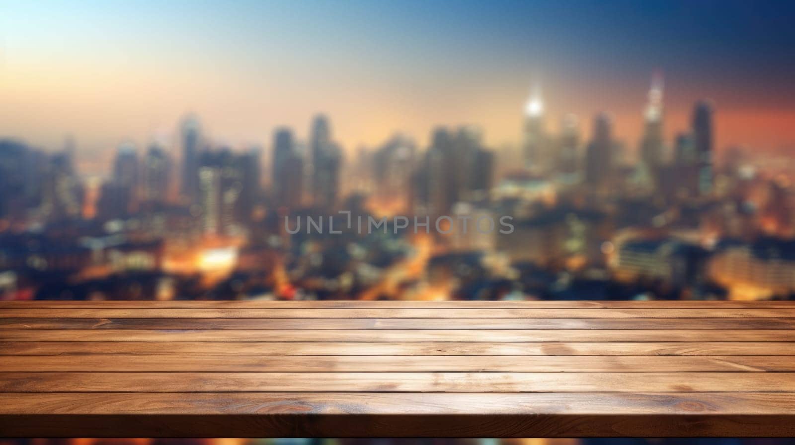 The empty wooden table top with blur background of cityscape. Exuberant. by biancoblue