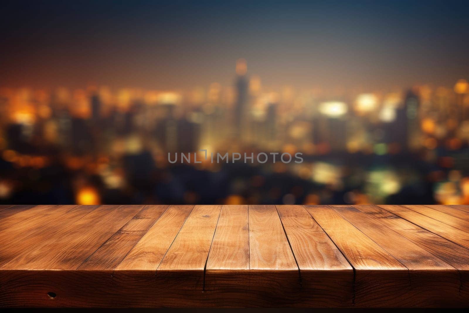 The empty wooden table top with blur background of city skyline. Exuberant. by biancoblue