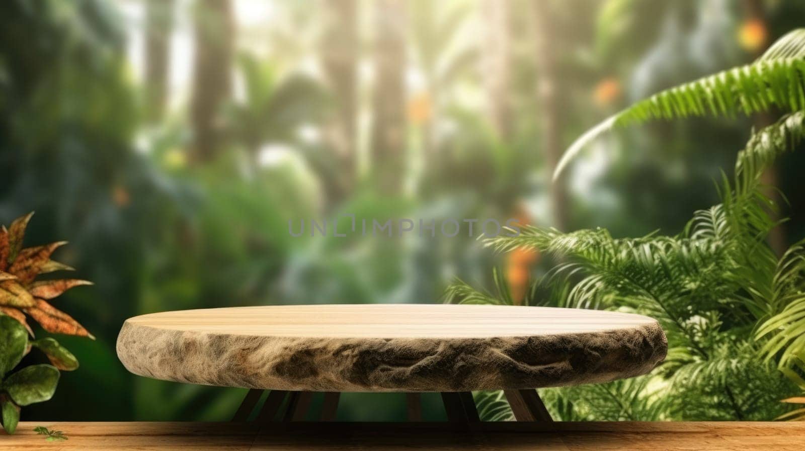 A flat rock empty table for product display with blur background of tropical jungle. Generative AI AIG30. by biancoblue