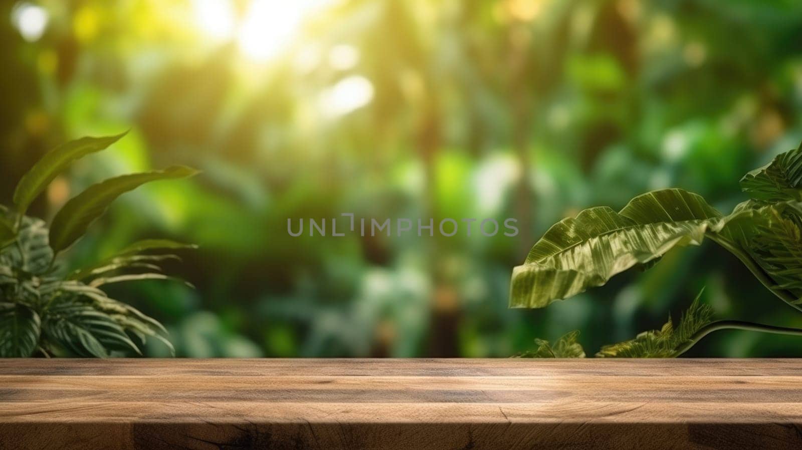 The empty wooden table for product display with blur background of tropical jungle. Generative AI AIG30. by biancoblue