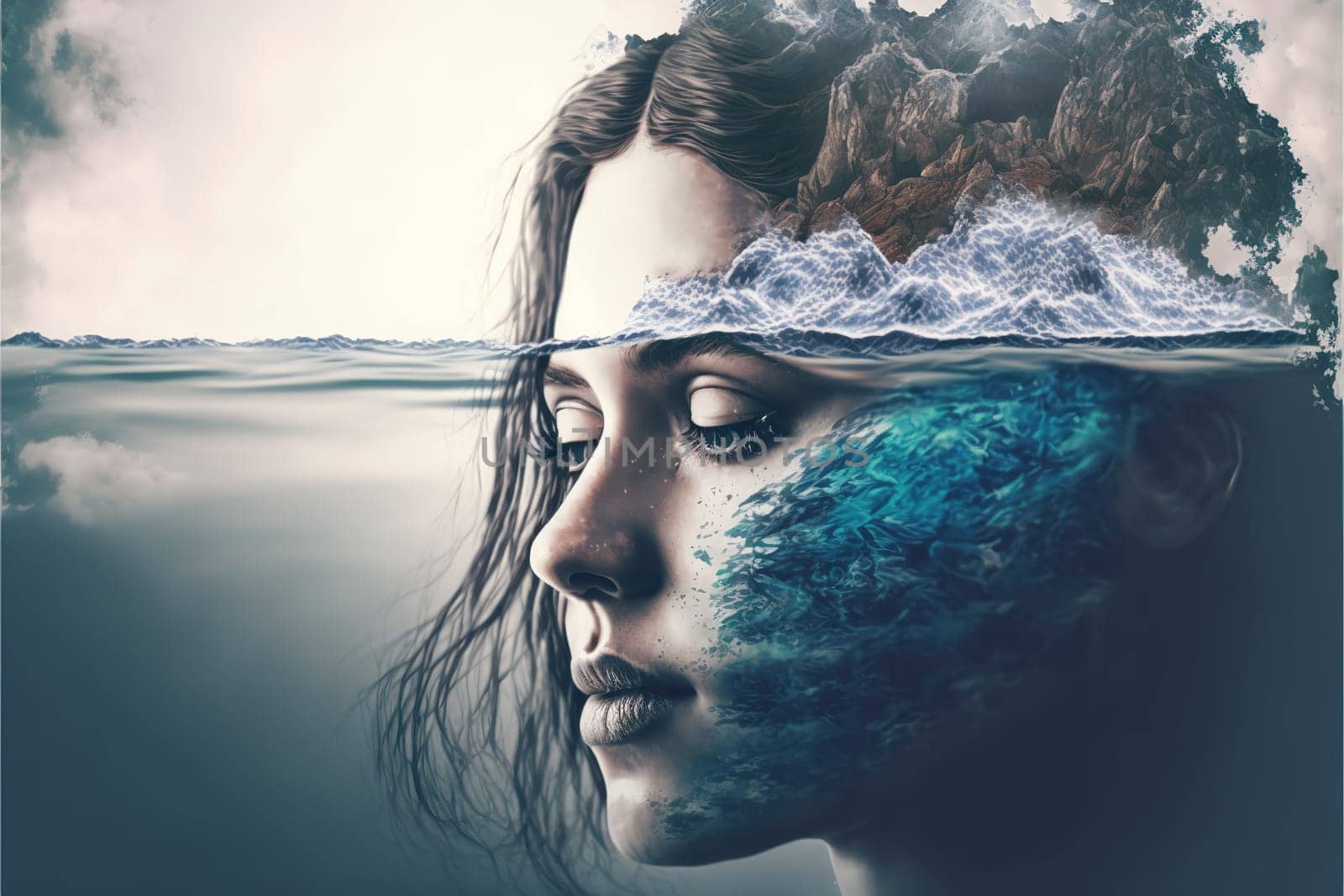 Double exposure woman ocean sea in peaceful mind by biancoblue