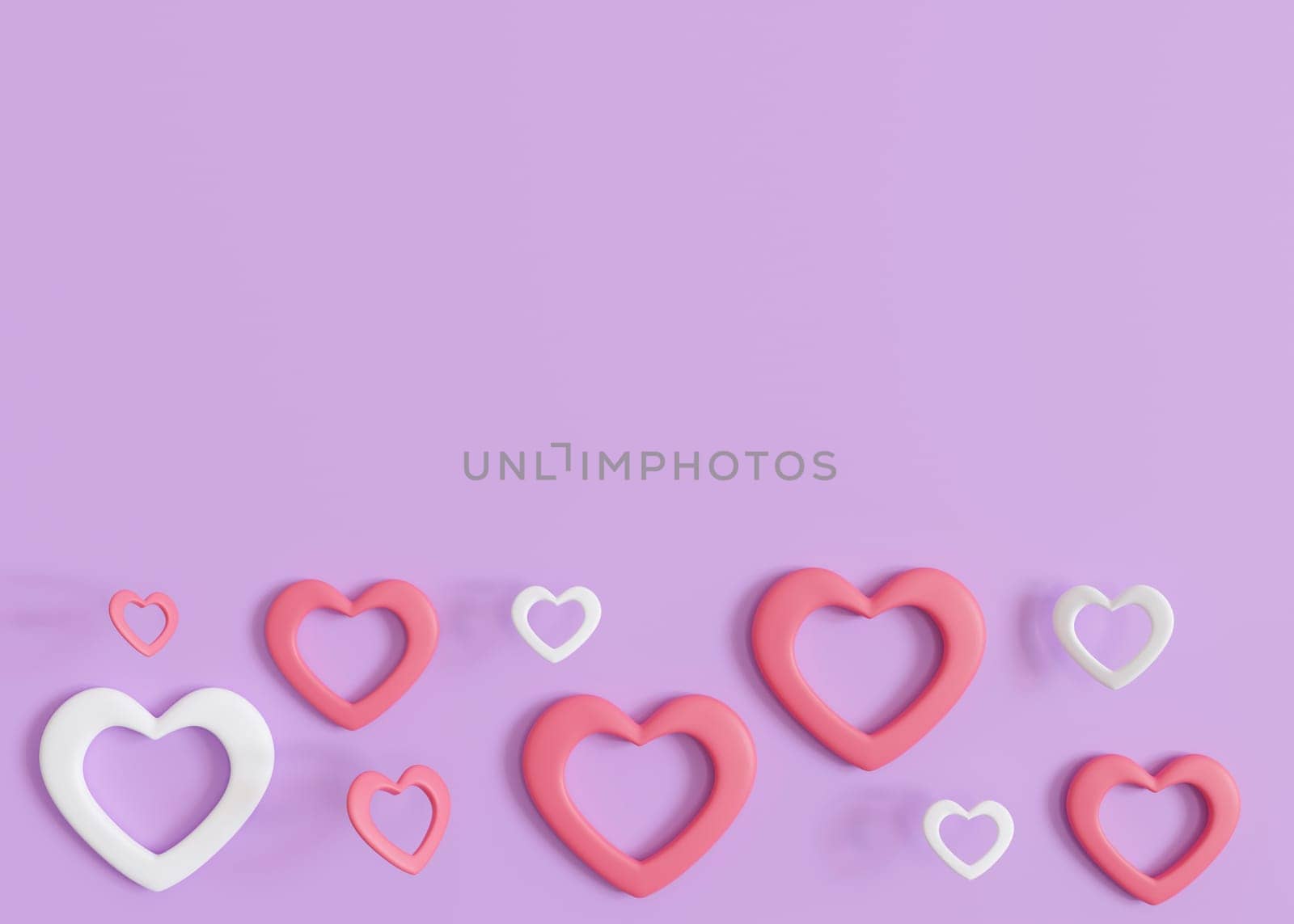 Purple background with hearts and copy space. Valentine's Day, Woman's, Mother's Day backdrop. Empty space for advertising text, invitation, logo. Postcard, greeting card design. Love symbol. 3D