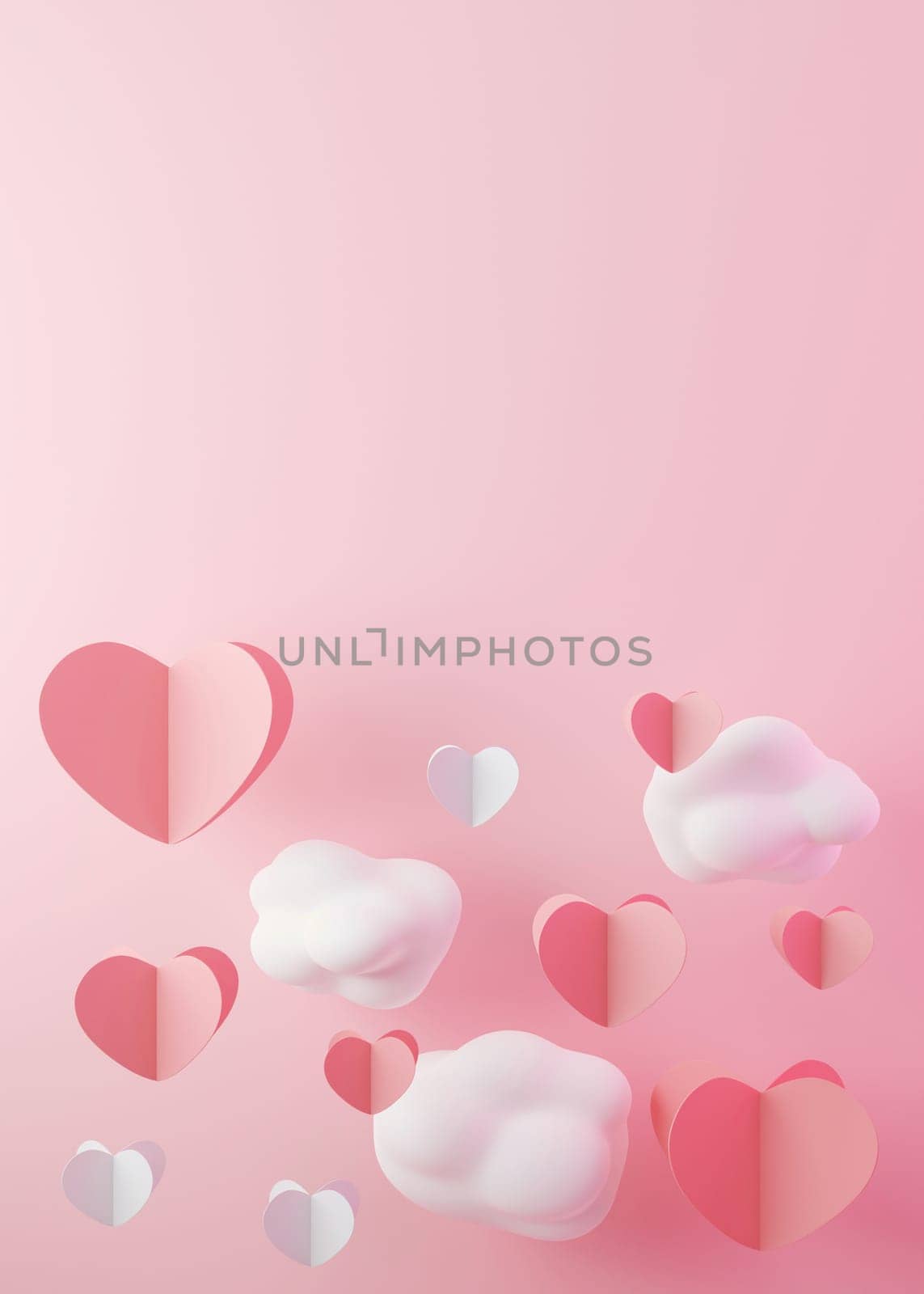 Pink vertical background with hearts, clouds and copy space. Valentine's Day, Woman's, Mother's Day backdrop. Empty space for advertising text, invitation, logo. Postcard, greeting card design. 3D