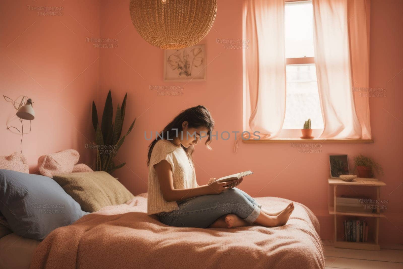 Female Hispanic teenager reading books in bedroom casual relaxing pastel. Generative AI AIG23.