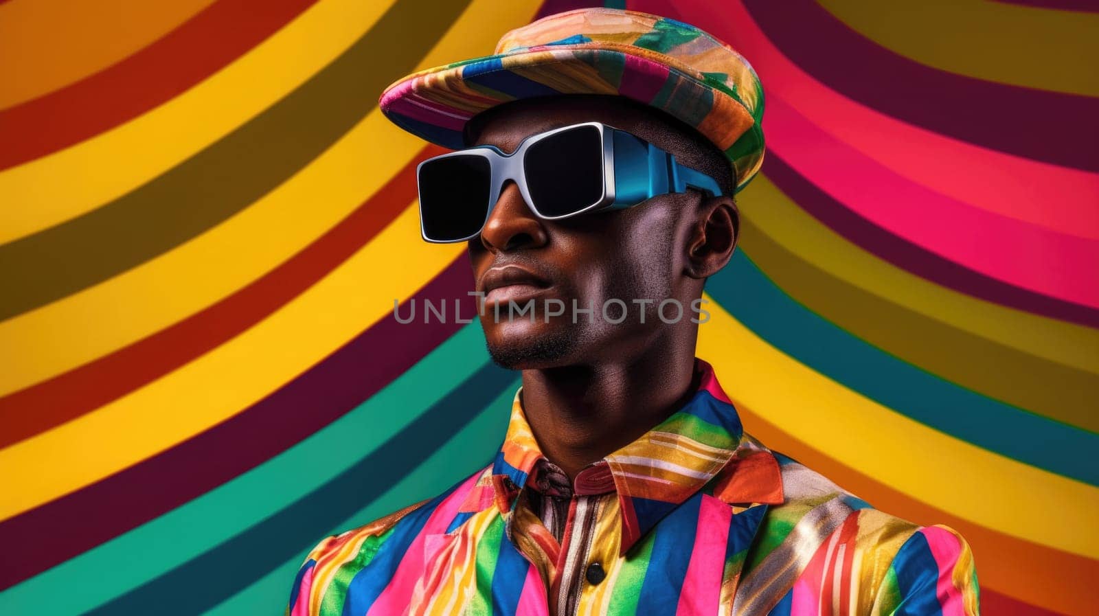 Young male model posing with trendy man fashion outfit and colorful optical art abstract background. Picturesque generative AI