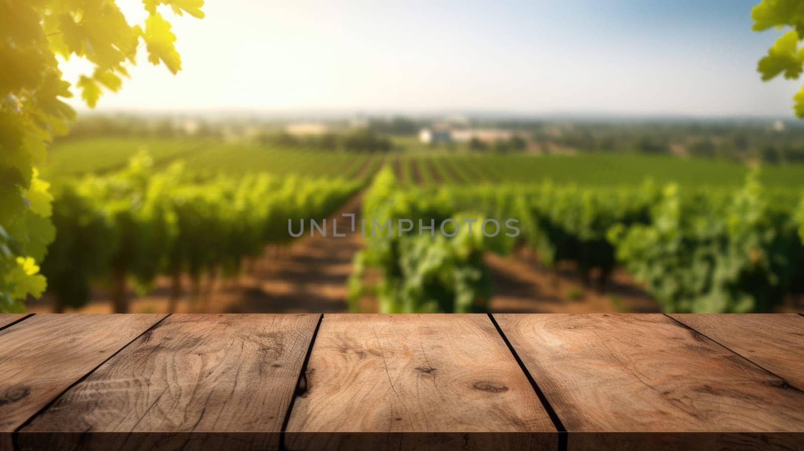 The empty wooden table top with blur background of vineyard. Exuberant. by biancoblue