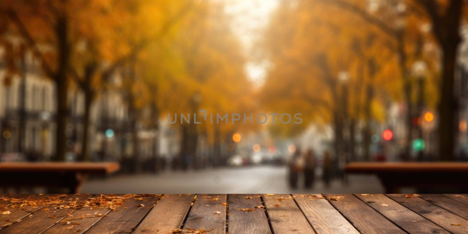 The empty wooden table top with blur background of European street in autumn. Generative AI AIG30. by biancoblue