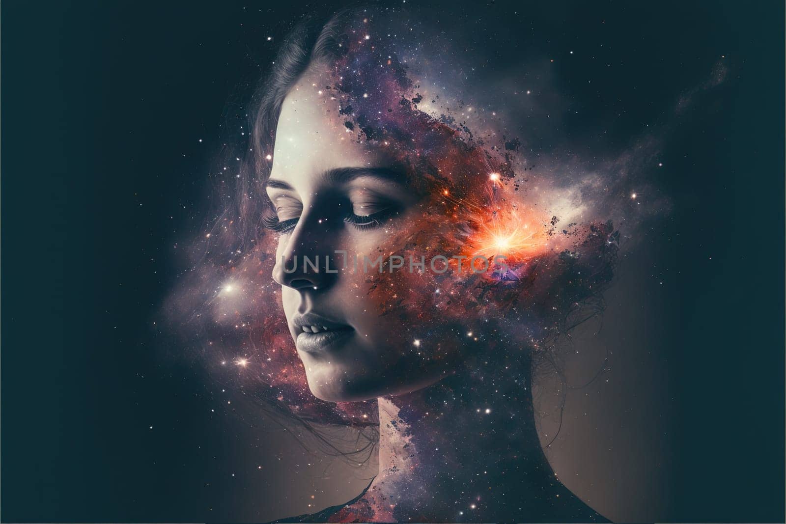 Double exposure image of woman portrait with the void of space and universe with stars for state of mind and psychological concept. Meditative and mental ability abstract art. Superb Generative AI