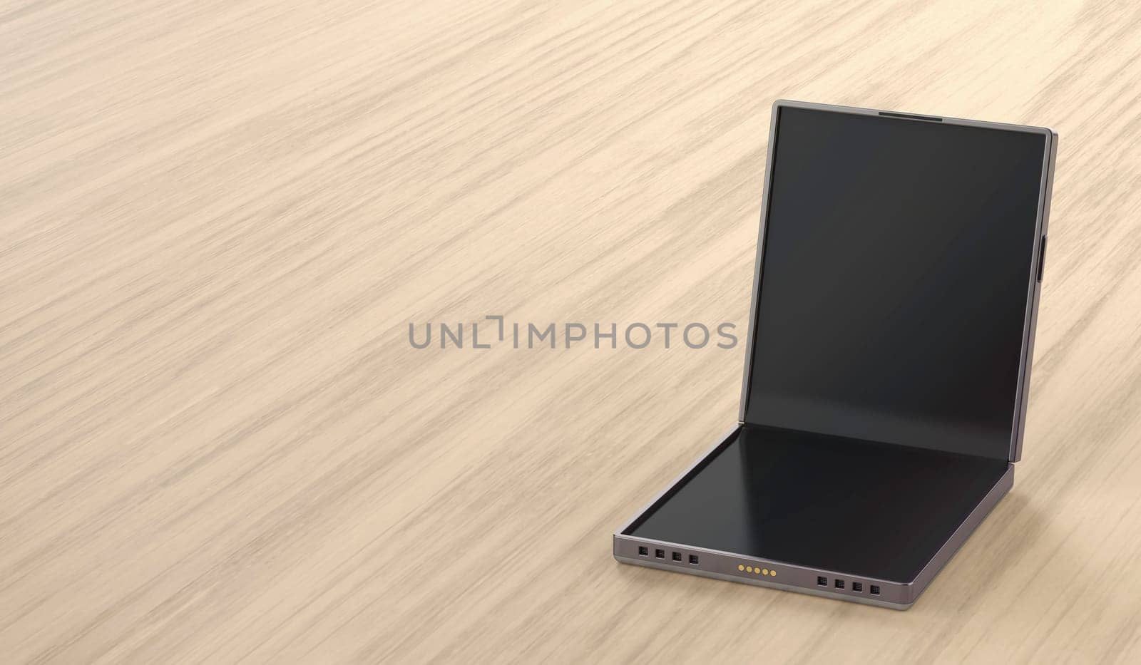 Foldable smartphone with blank display on wooden table