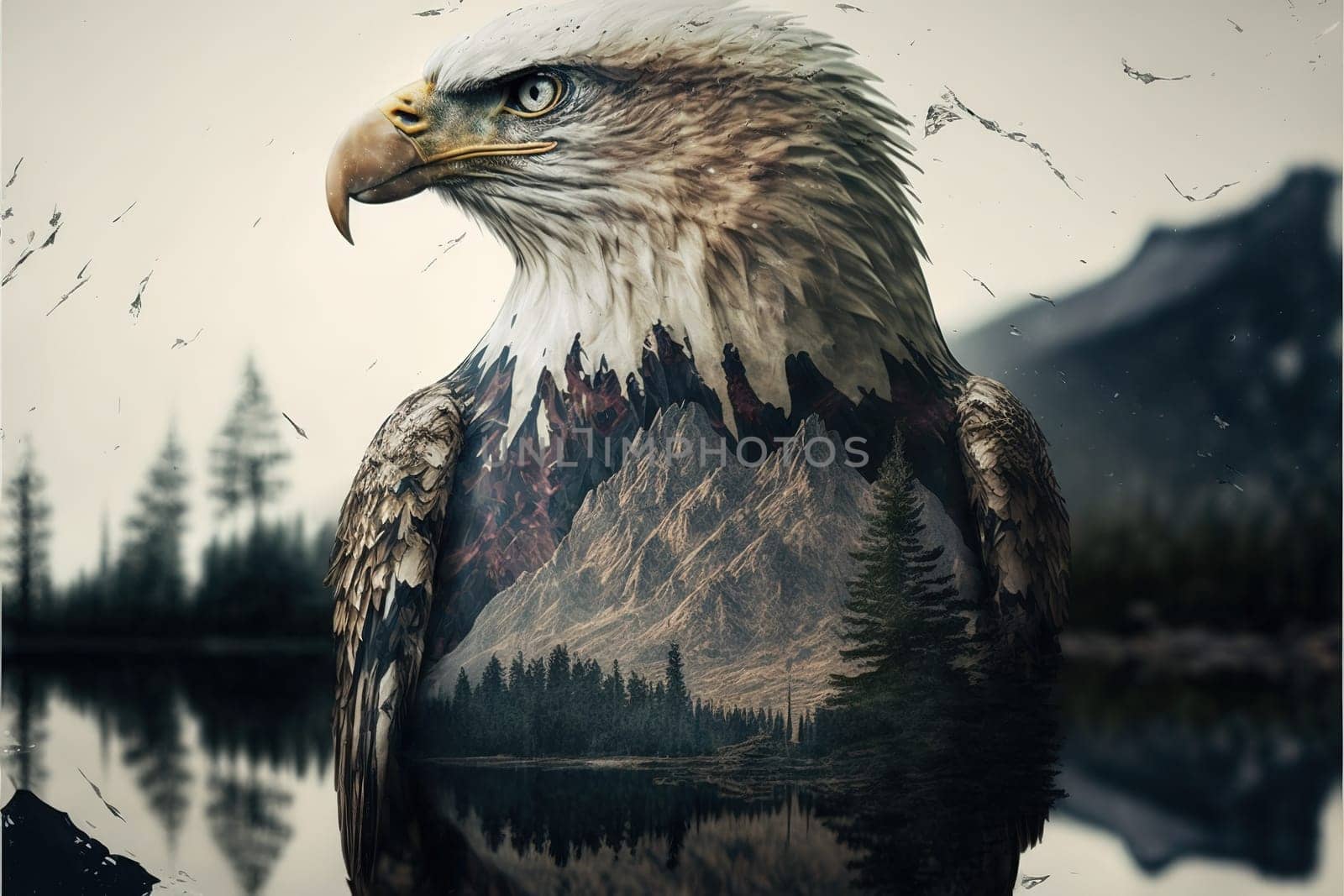 Bird of prey eagle head portrait with sharp eyesight on double exposure with natural landscape with lush forest and mountain scenery showing beauty and majesty of nature. Superb Generative AI.