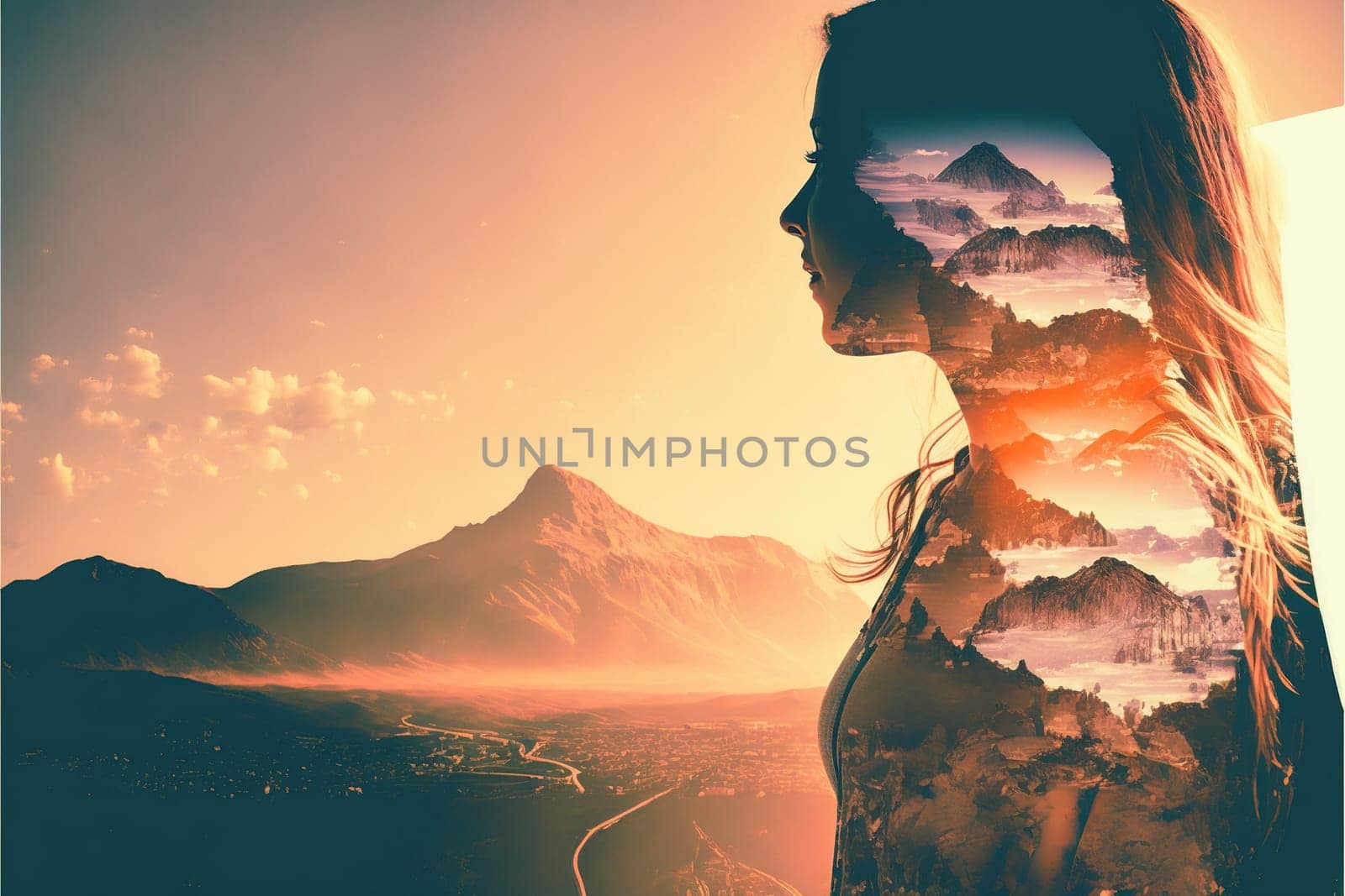 Double exposure woman silhouette portrait with mountain range background for sense of peaceful tranquility concept. Meditative natural freshness and mental abstract art. Superb Generative AI