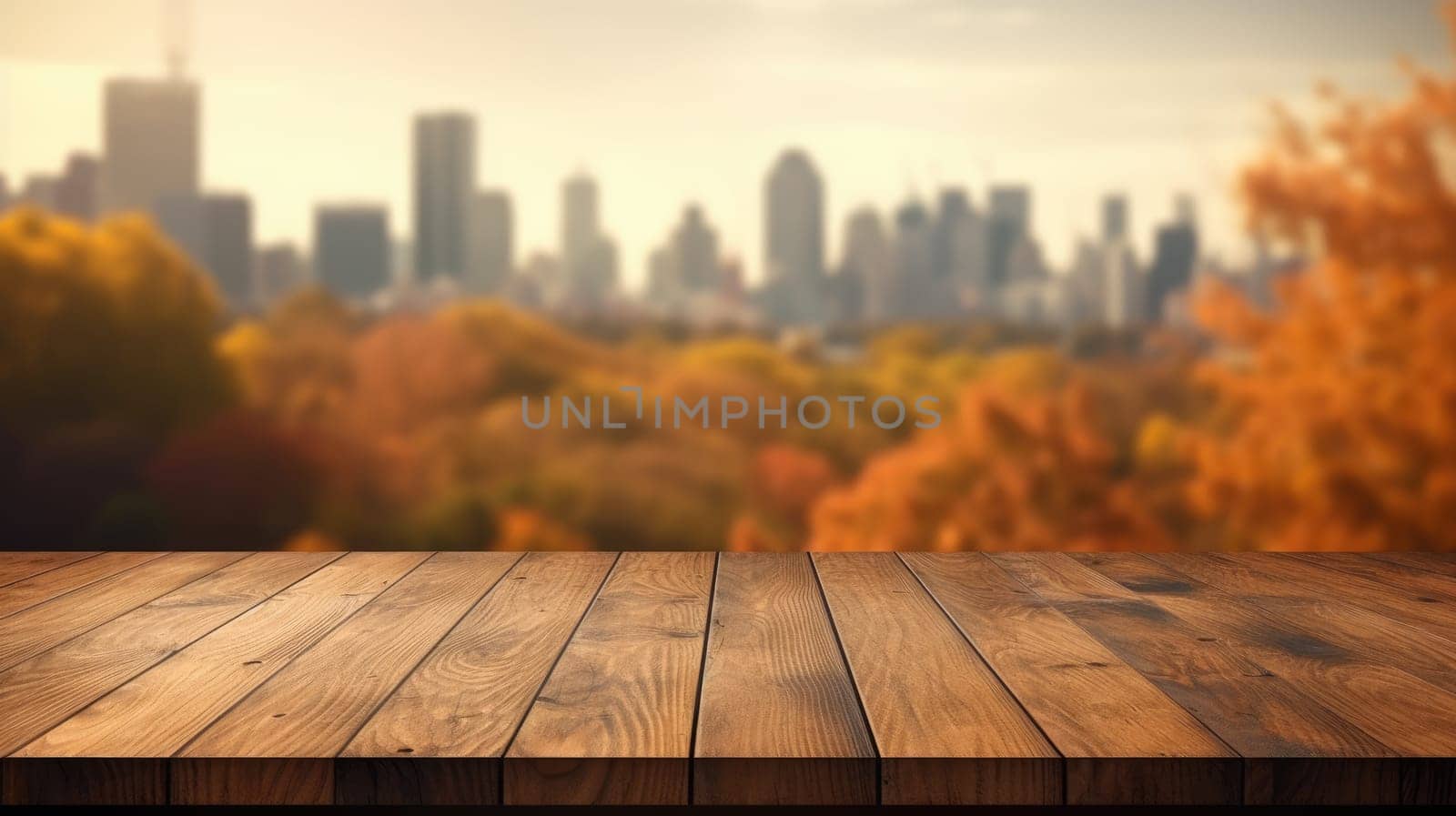 The empty wooden table top with blur background of nature skyline in autumn. Exuberant. by biancoblue