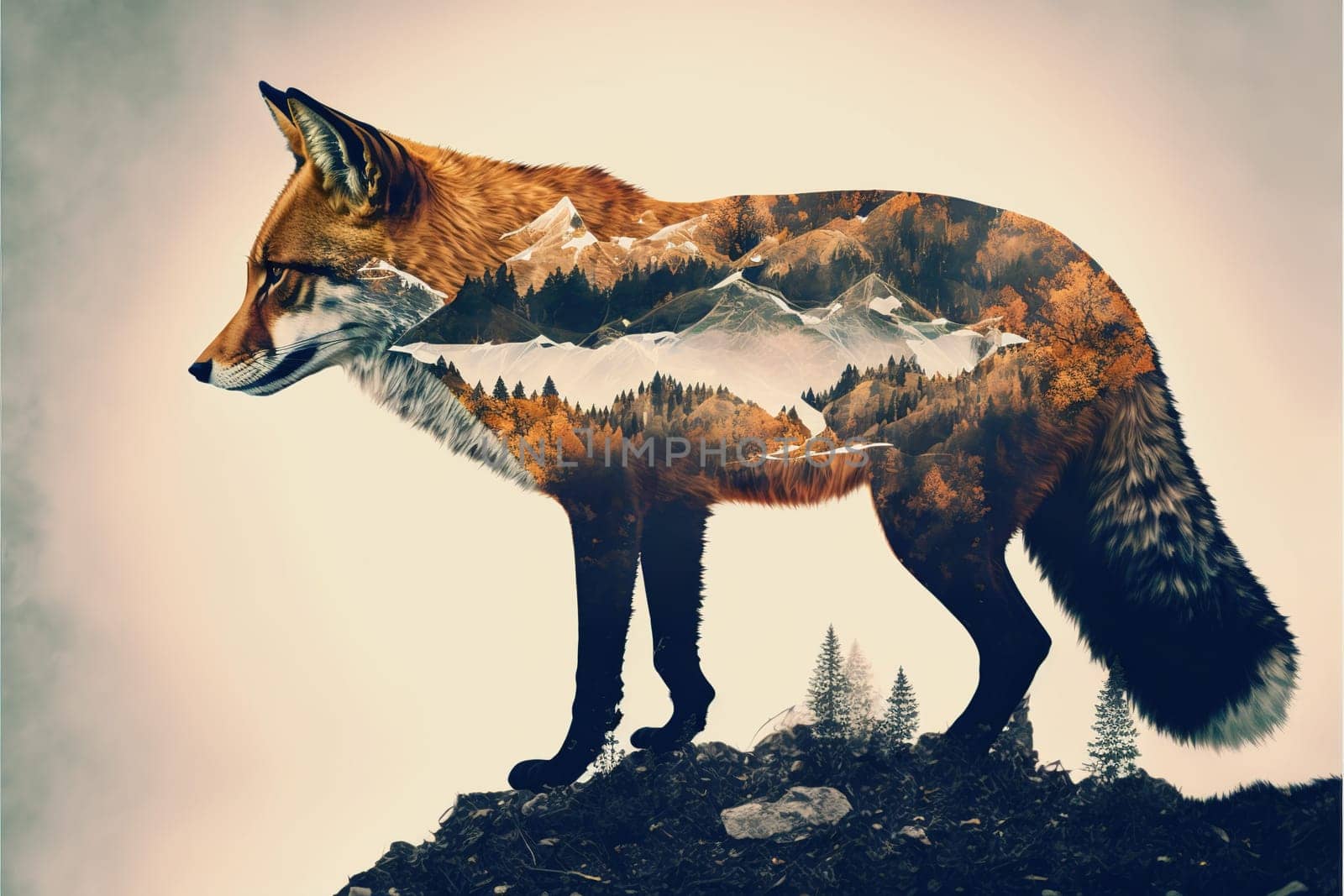Contemporary abstract art double exposure of red fox and forest landscape Superb by biancoblue