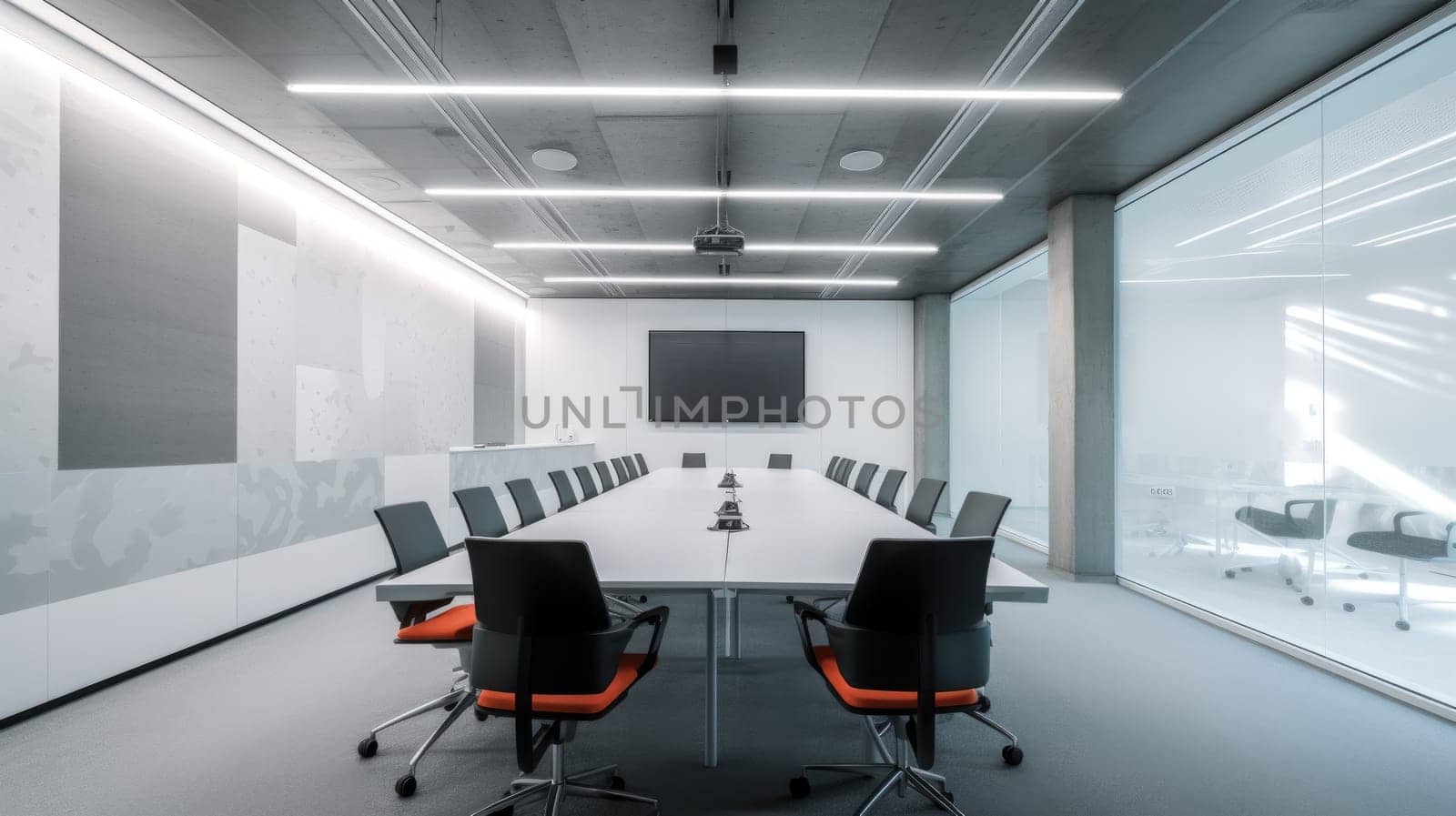A modern futuristic conference room with a digital screen. Generative AI AIG27. by biancoblue