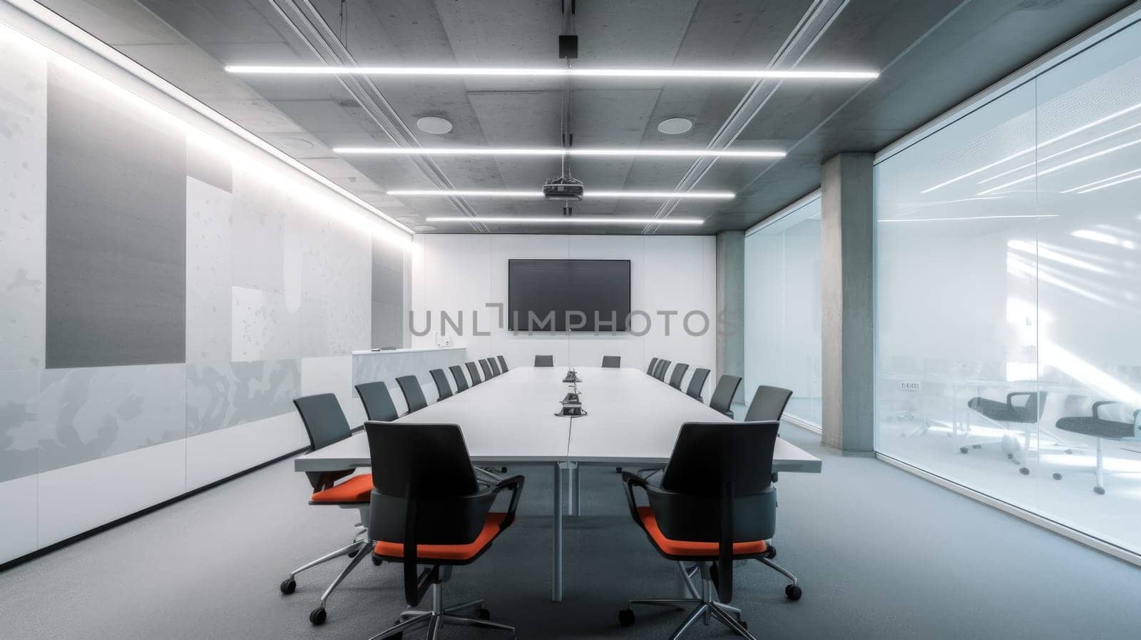 A modern futuristic conference room with a digital screen. Generative AI AIG27.