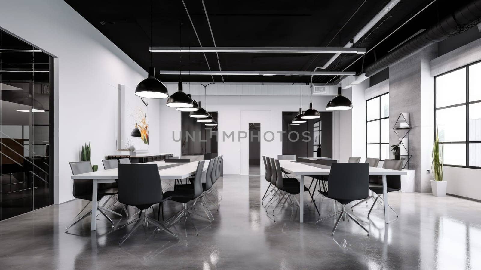Inspiring office interior design Minimalist style Corporate Office with Open Space Design featuring Clean lines architecture. Generative AI AIG 31.