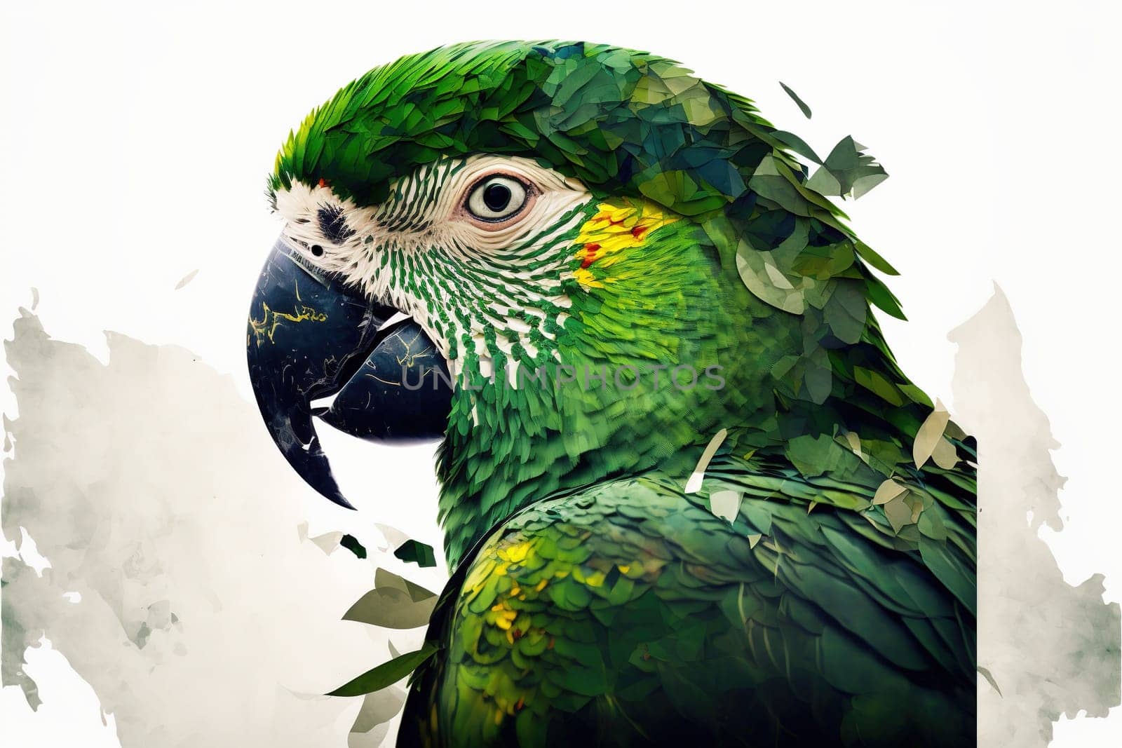 Contemporary abstract artwork double exposure of green parrot and forest by biancoblue