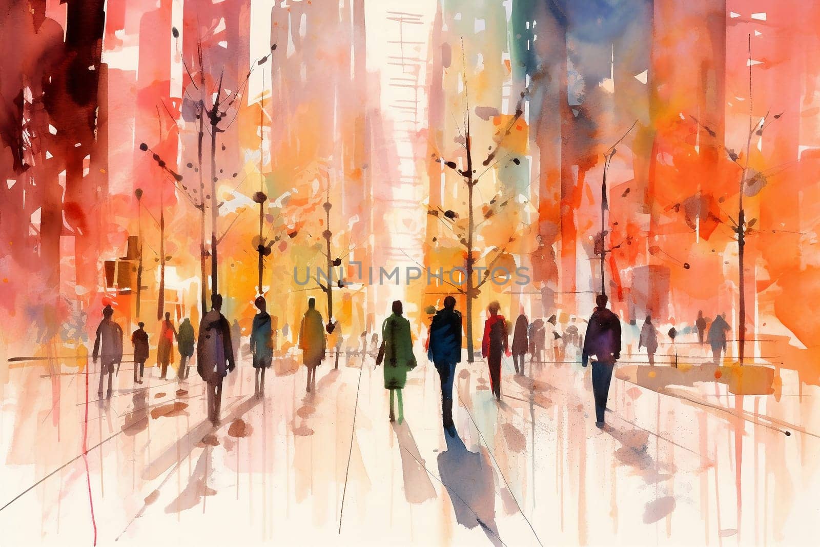 Watercolor illustration: panorama of city street with people walking, Crowd of people. Generative ai.