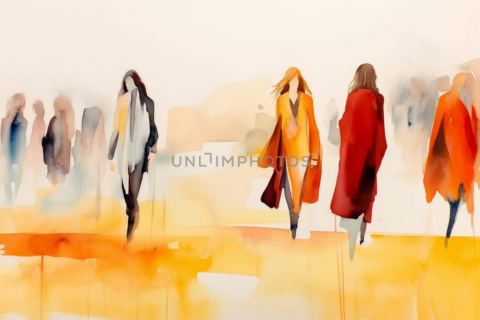 Watercolor illustration: panorama of a city street with women walking people. Generative ai. by maclura