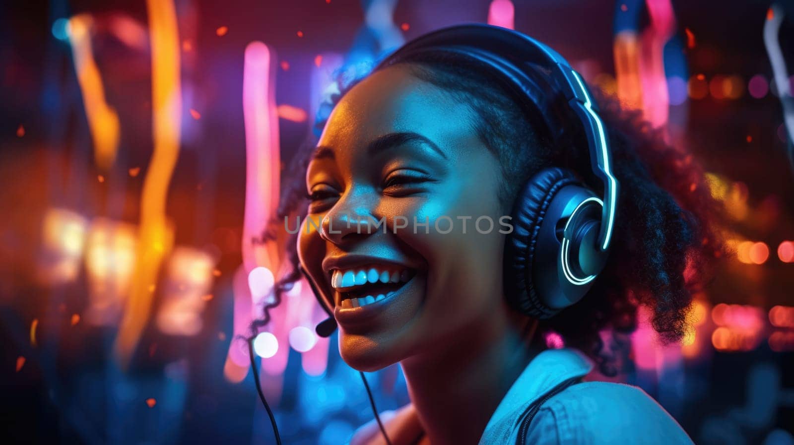 candid shot of an excited young african woman party with headphones. beautiful Generative AI AIG32