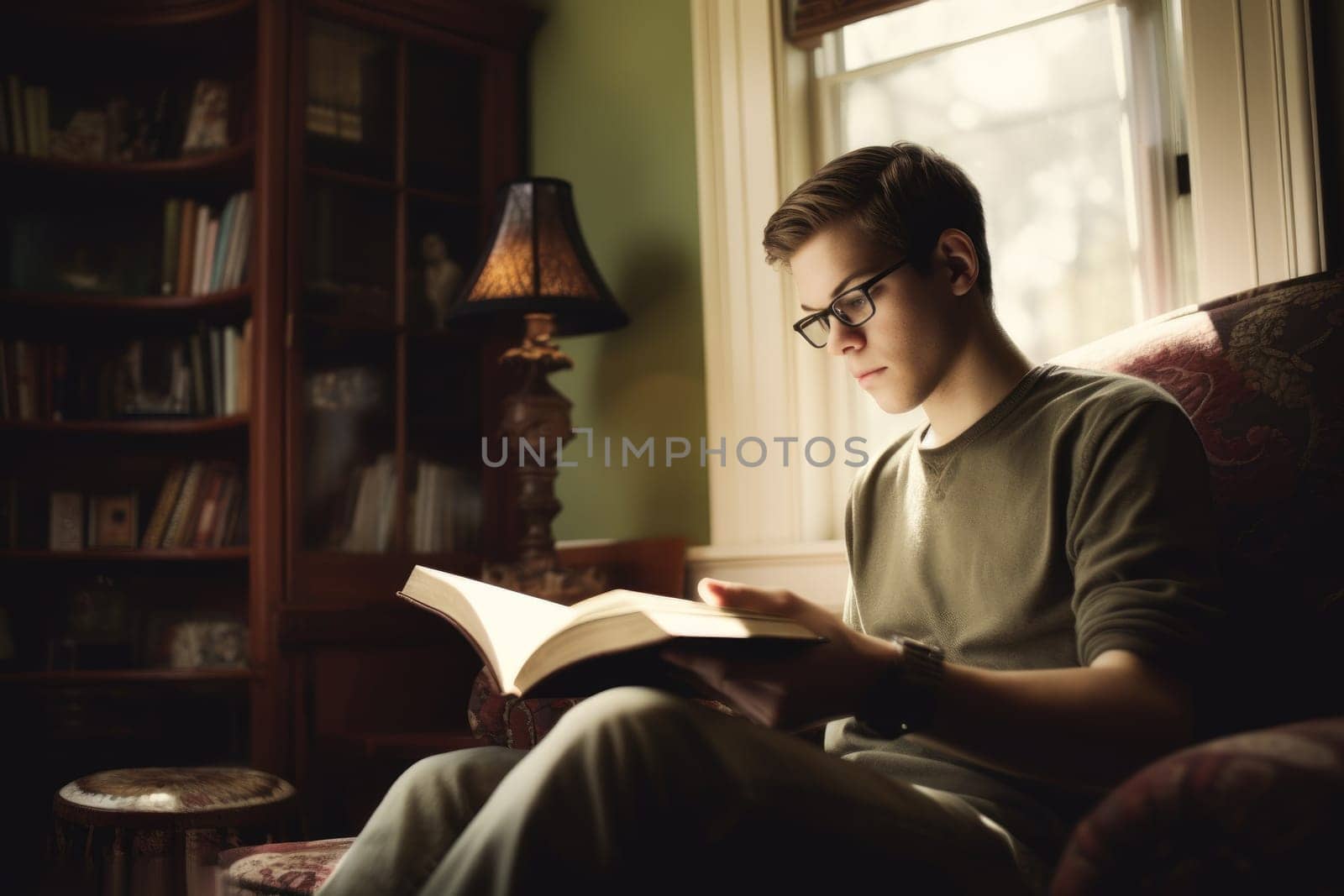 Male Caucasian young adult reading books in home library casual relaxing. Generative AI AIG23. by biancoblue