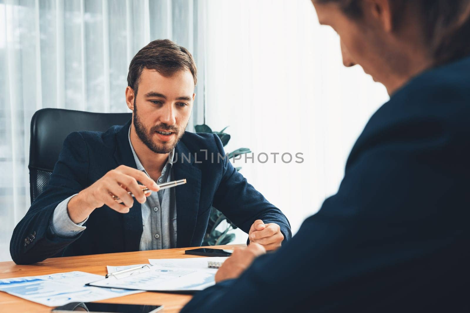 Analyst team in office analyzing financial data analysis for marketing strategy in workspace, pile of BI dashboard paper format with graph and chart to optimize performance and risk management. Entity