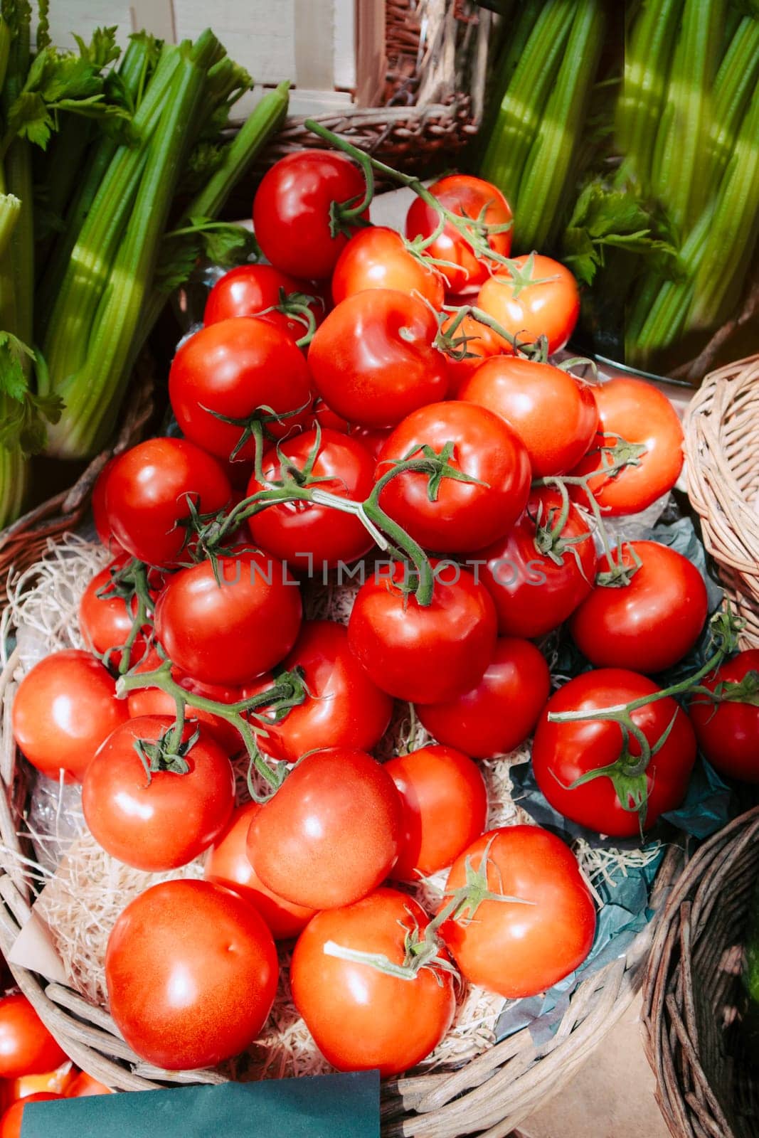 Tomatoes sold at an open green market, overhead view