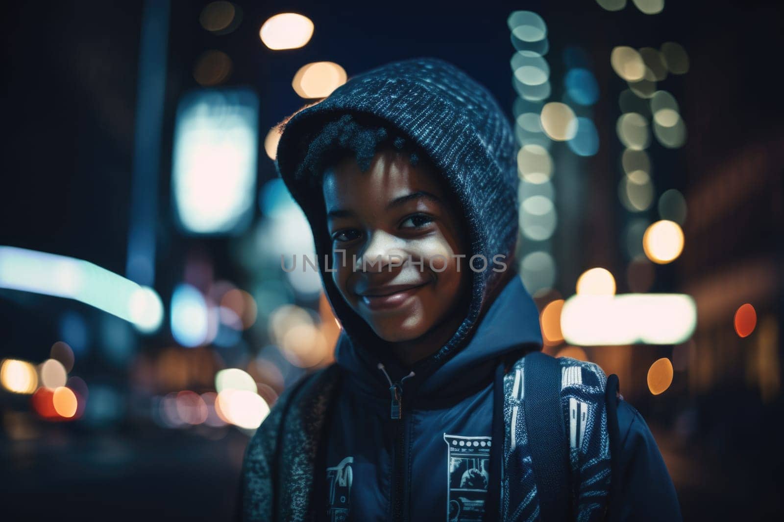 Low angle shot of a young african-american 10-year-old little boy trendy clothes using mobile phone with background of urban city street at night. Generative AI AIG18.