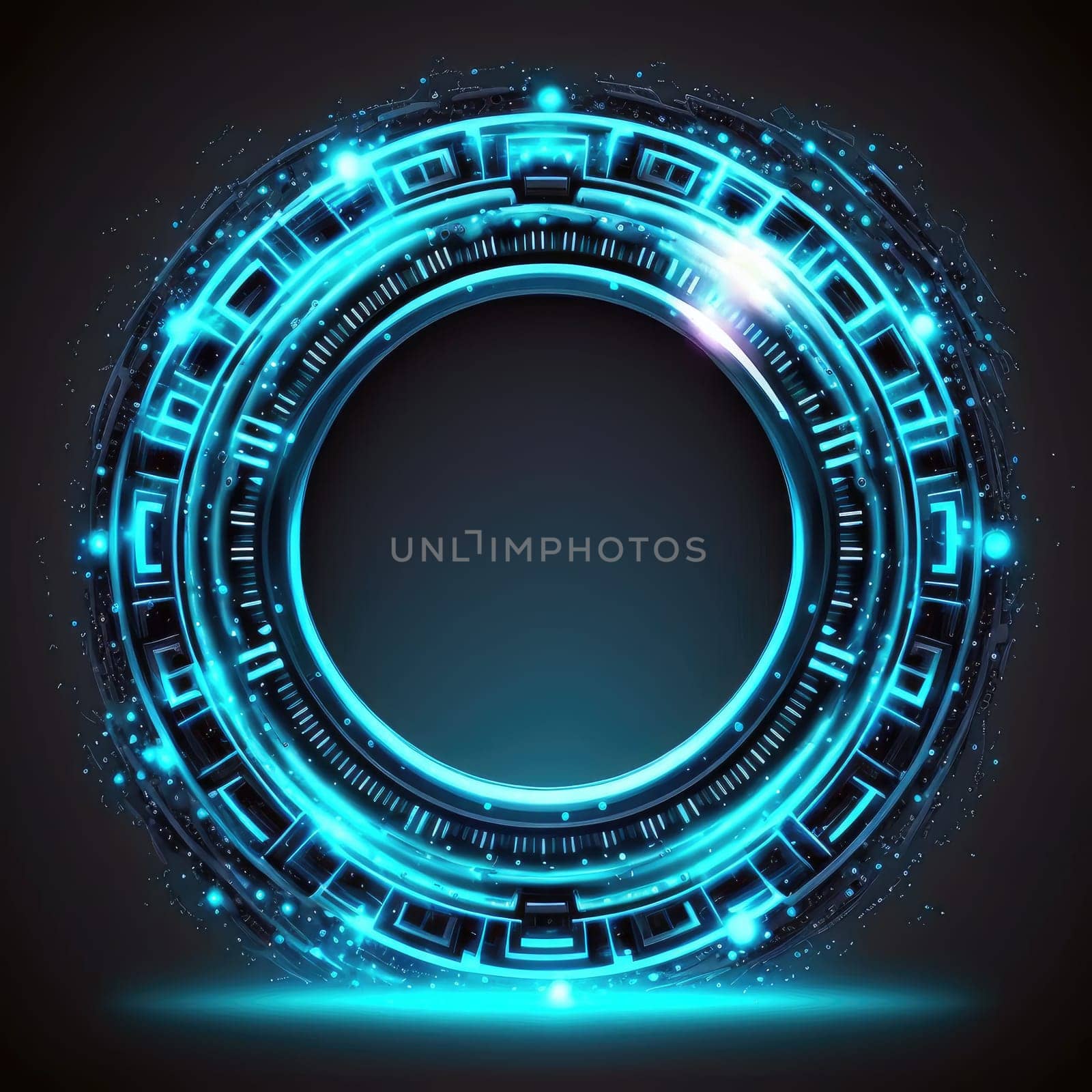 Abstract of glowing futuristic circle frame illuminated with neon blue light. by biancoblue