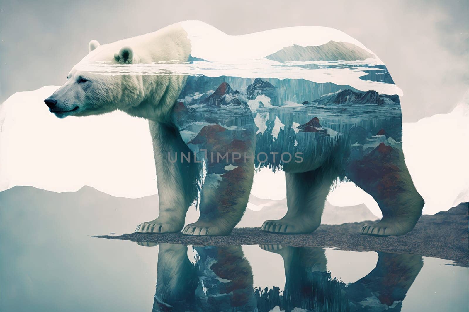 Wondrous image shown by polar bear suffer from climate change in double exposure by biancoblue