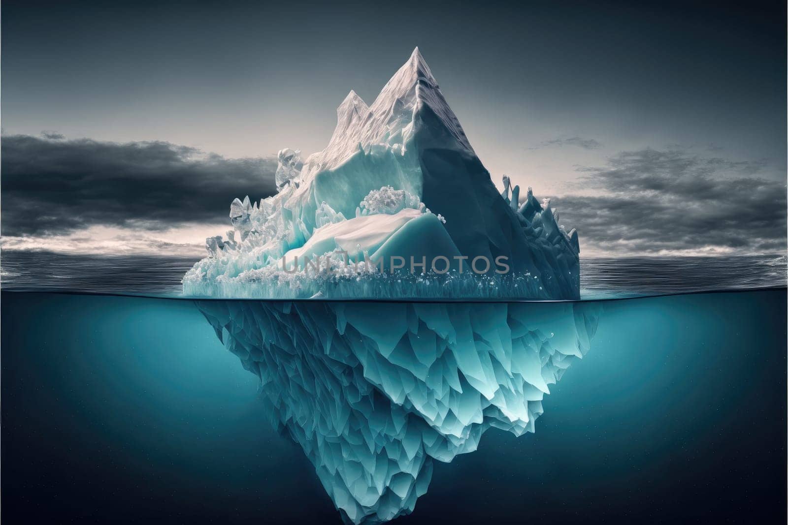 Large white iceberg floating in the frozen ocean with underwater beautiful transparent view. Concept of polar geographic. Finest generative AI.