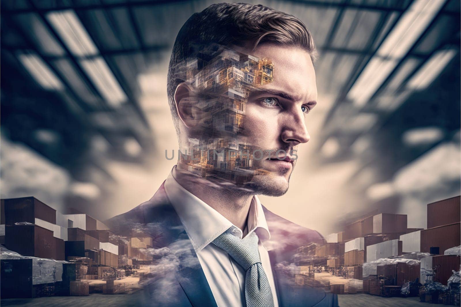 Modern warehouse with and businessman in wondrous double exposure. by biancoblue