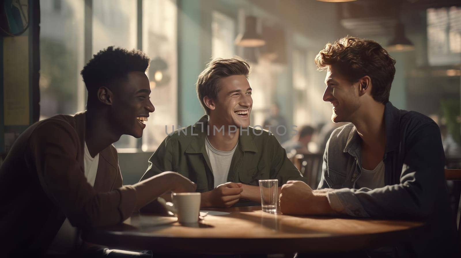 Three friends are chatting in a cafe. Smiling at each other