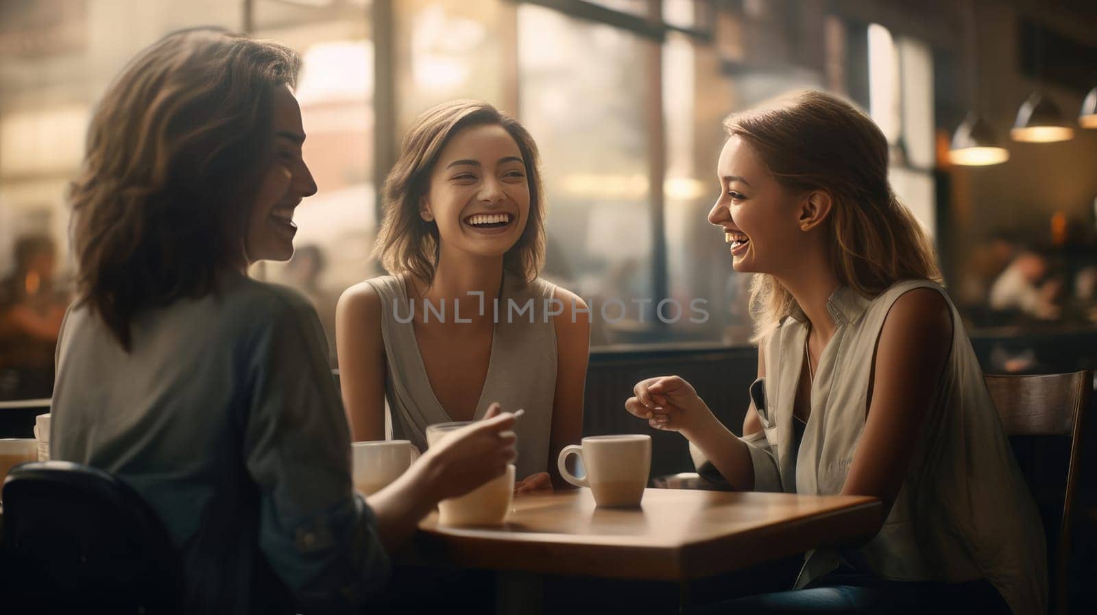 Three friends are chatting in a cafe. Smiling at each other