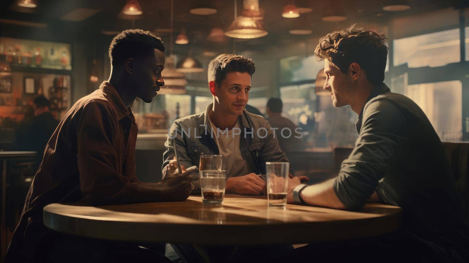 Three friends chatting in a cafe, smiling by cherezoff