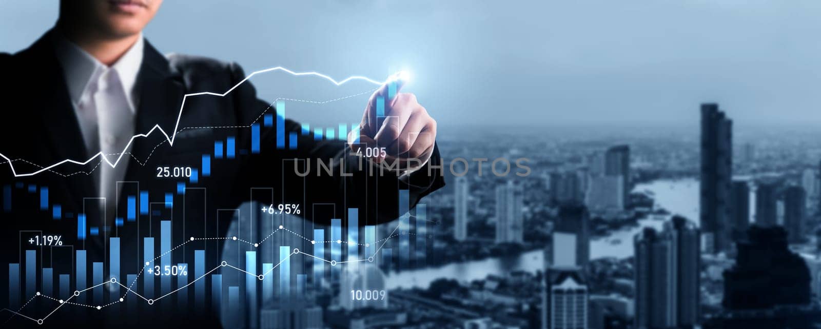 Businessman analyst working with digital finance business data graph showing technology of investment strategy for perceptive financial business decision. Digital economic analysis technology concept.