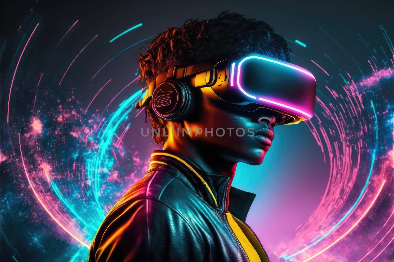 A young man in VR glasses playing video games with virtual reality headset. Concept of gaming in cyberpunk lifestyles. Finest generative AI.