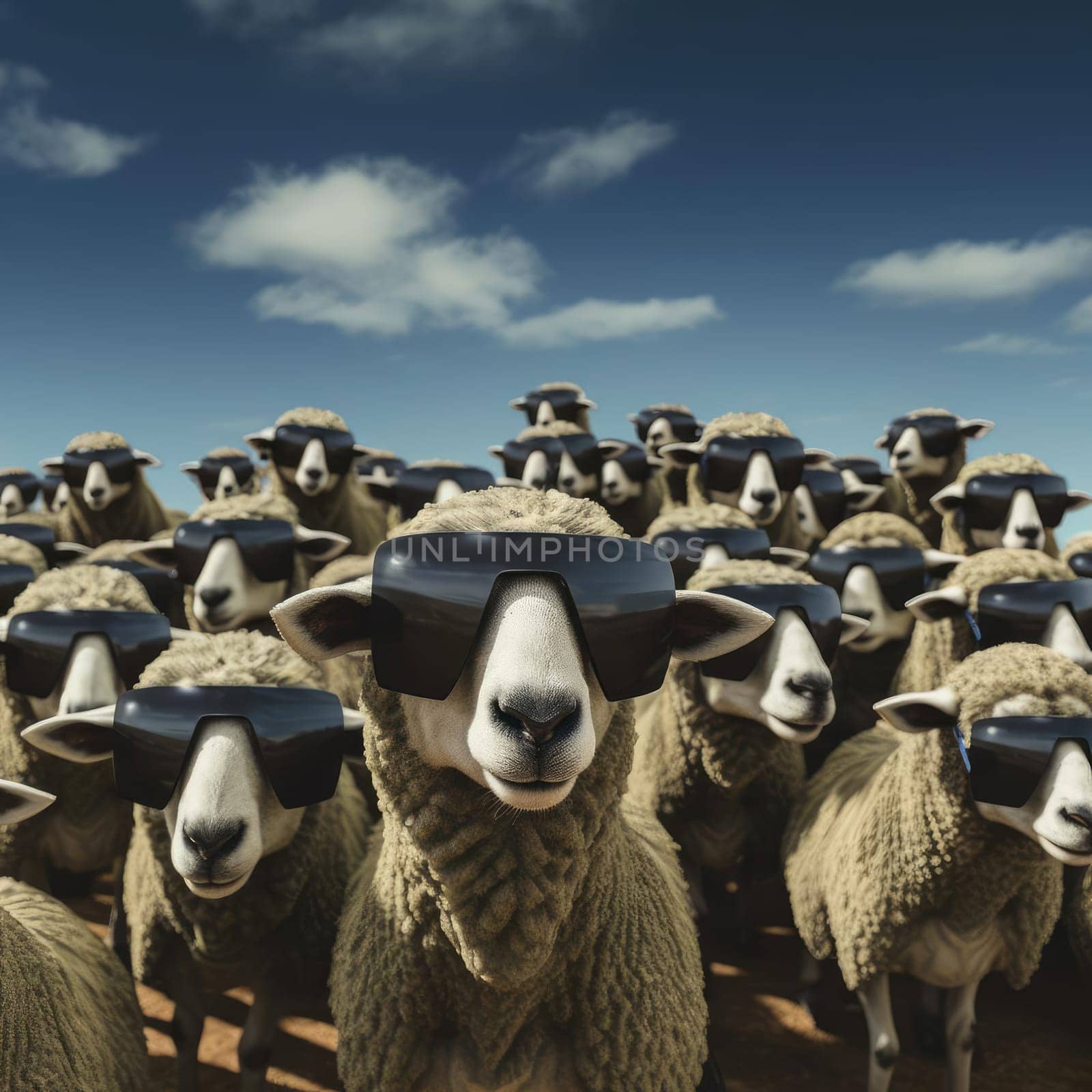 A herd of sheep wearing virtual reality glasses. A vision for the future