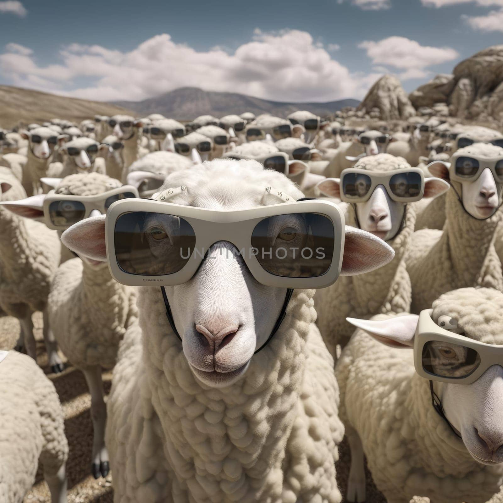 A herd of sheep wearing virtual reality glasses by cherezoff