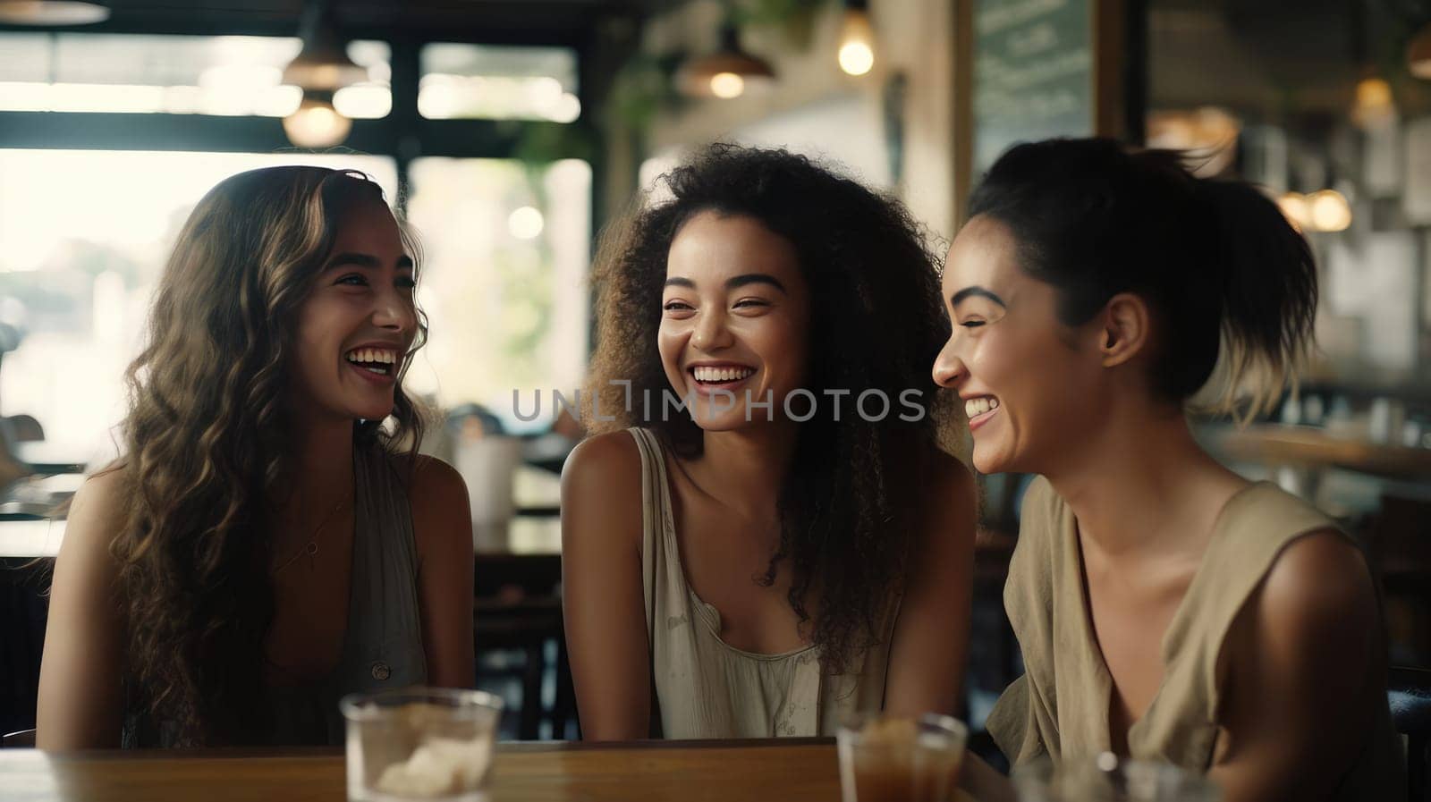 Three friends chatting in a cafe, smiling by cherezoff