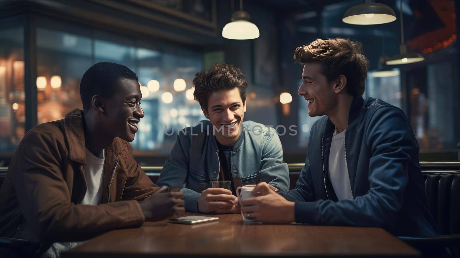 Three friends are chatting in a cafe. Smiling at each other