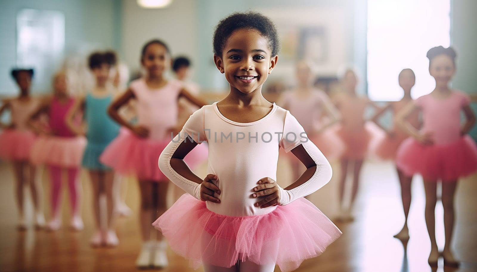 Proud African american little girl on ballet wearing a pink tutu skirt. Children standing in ballet poses in studio. Graceful ballerinas dancing together in studio having fun education by Annebel146