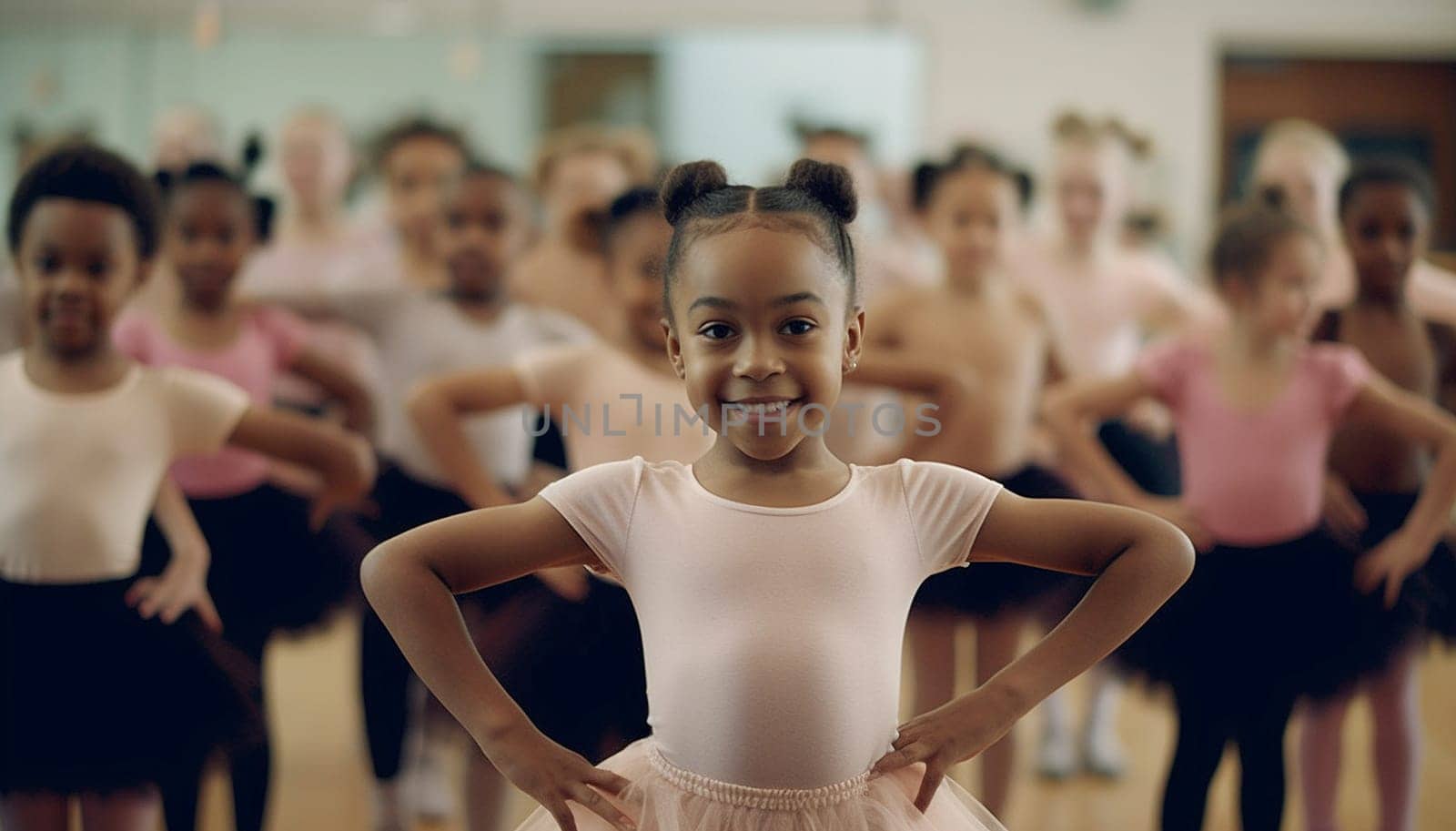 Proud African american little girl on ballet wearing a pink tutu skirt. Children standing in ballet poses in studio. Graceful ballerinas dancing together in studio having fun education by Annebel146