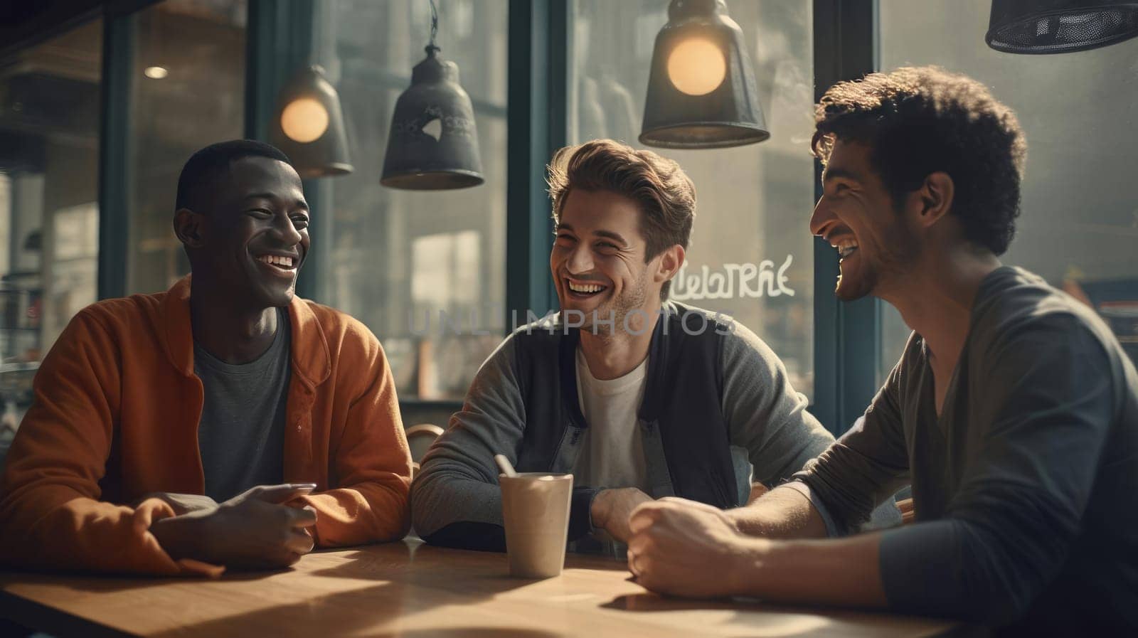 Three friends chatting in a cafe, smiling by cherezoff
