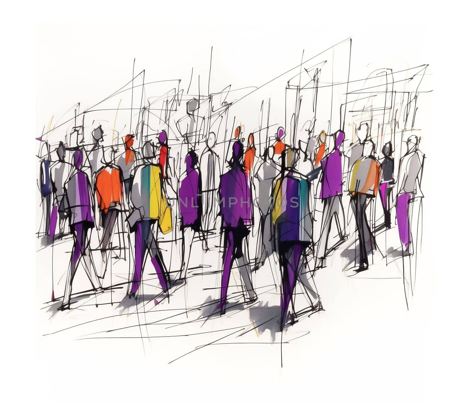 Illustration: a crowd of people walking along a city street. Sketch made with marker and watercolor. Generative ai. by maclura