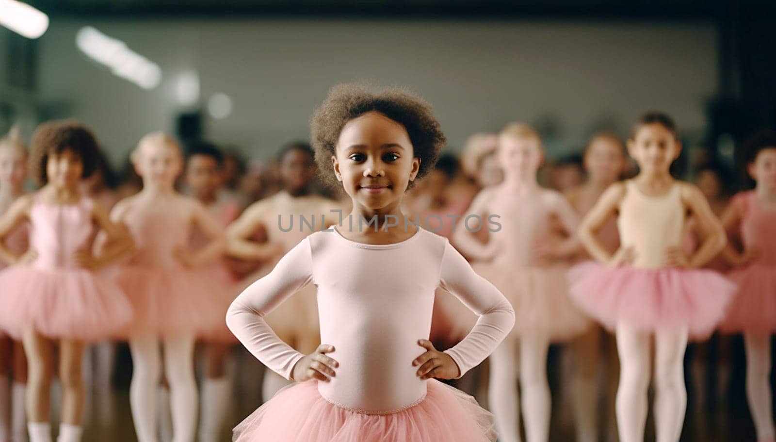 Proud African american little girl on ballet wearing a pink tutu skirt. Children standing in ballet poses in studio. Graceful ballerinas dancing together in studio having fun education by Annebel146