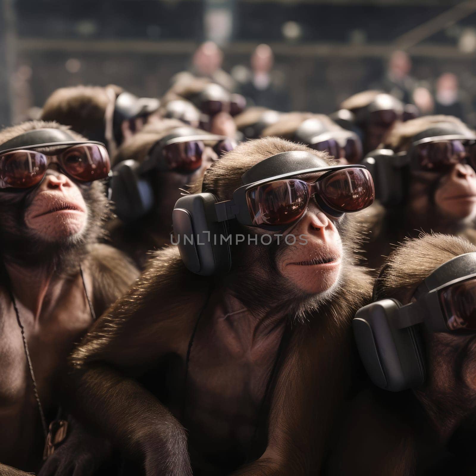 A crowd of monkeys wearing virtual reality glasses. A vision for the future